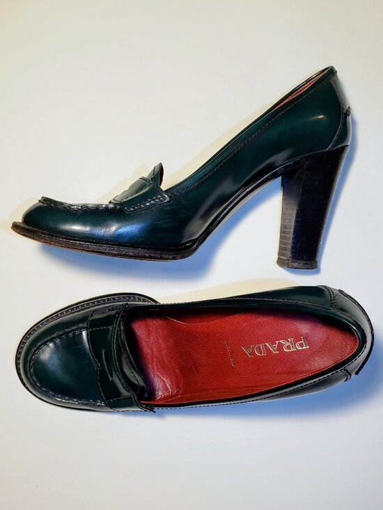 Prada Shoes - Prada Green Leather Penny Loafer Luxury Heels EU 38 39 US 8.5 Made in Italy